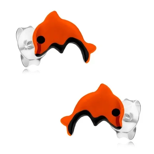 Náušnice ze stříbra 925, skákající delfínek oranžové barvy, černé detaily