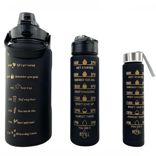 Motivační sportovní láhev 3v1, 2000 ml + 900 ml + 300 ml, Černá
