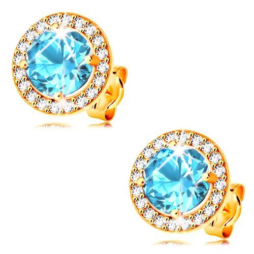 Náušnice ve žlutém 14K zlatě - modrý syntetický akvamarín s čirými zirkony