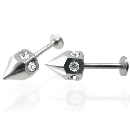Piercing labret do brady se zirkony po obvodu hrotu - čirý