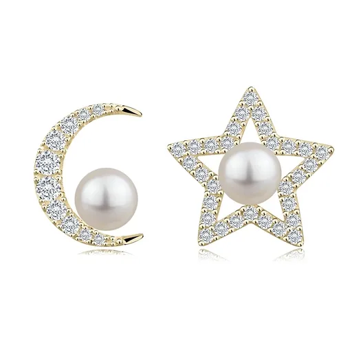 Náušnice ze žlutého zlata 585 - měsíc a hvězda, bílá sladkovodní perla, zirkony