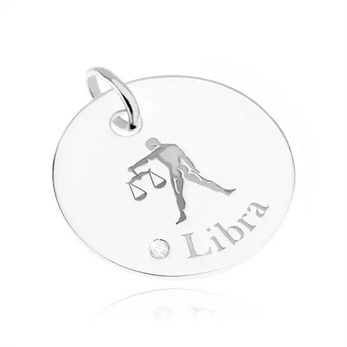 Kruhový a lesklý stříbrný přívěsek 925, znamení VÁHY, čirý zirkon