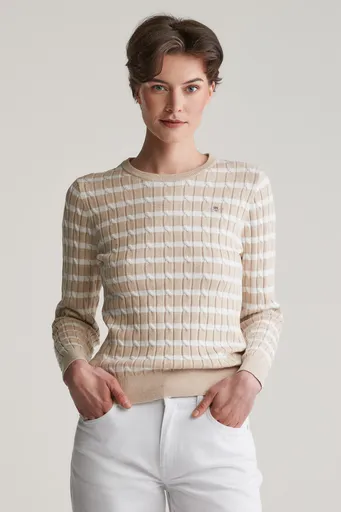 SVETR GANT STRETCH COTTON CABLE STRIPE C-NECK SEED MELANGE