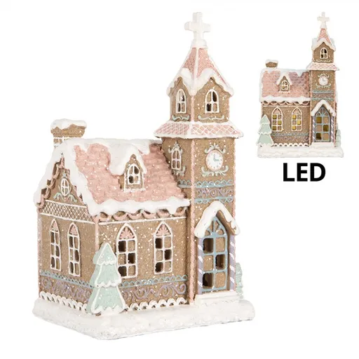 Vánoční perníková dekorace kostel Gingerbread House Led - 14*12*23 cm Clayre & Eef