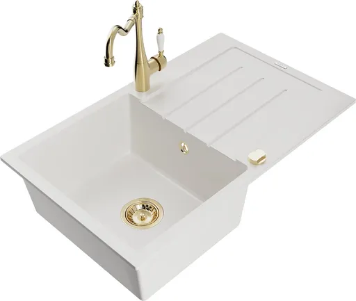 MEXEN/S Bruno granitový dřez 1-miska s odkapávačem včetně baterie Carla, bílá 6513-20-670700-50