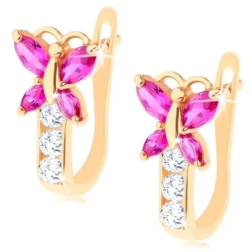 Náušnice ve žlutém 14K zlatě - blýskavý zirkonový motýlek růžové barvy