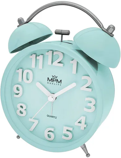 MPM Quality Analogový kovový budík MPM Happy Morning - světle modrý C01.4056.31