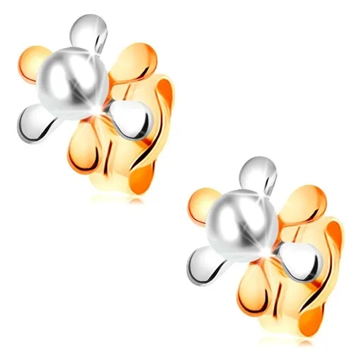 Náušnice ve 14K zlatě - kvítek s dvoubarevnými lupínky a bílou perlou