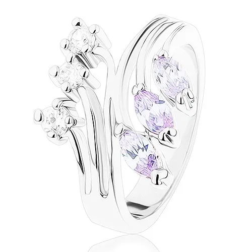 Prsten s lesklými rozvětvenými rameny, čiré a světle fialové zirkony - Velikost: 52