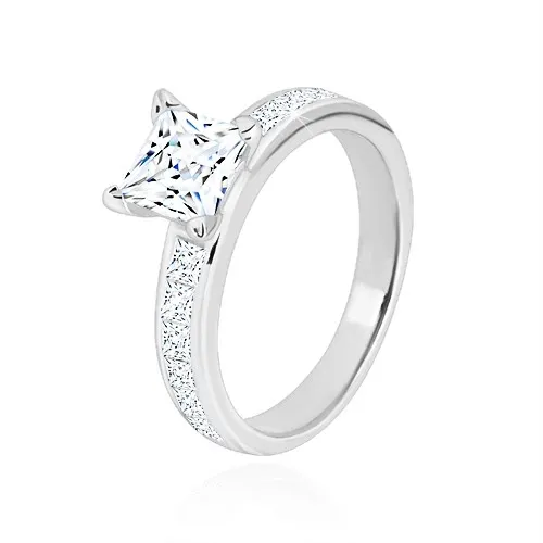 Stříbrný prsten 925 - zirkonový čtverec čiré barvy v kotlíku, třpytivá ramena - Velikost: 51