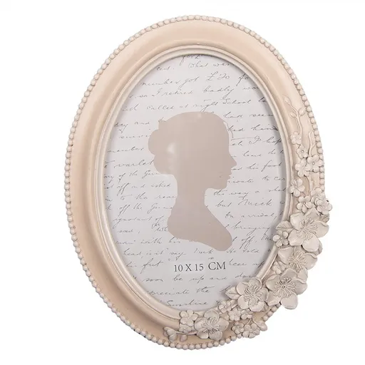 Pudrový oválný fotorámeček zdobený květy - 15*2*19 cm / 10*15 cm Clayre & Eef