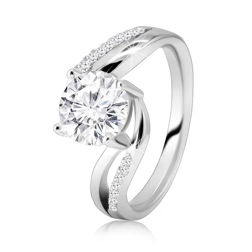 Stříbrný 925 prsten - mohutný kulatý broušený zirkon, rozdvojená ramena - Velikost: 59