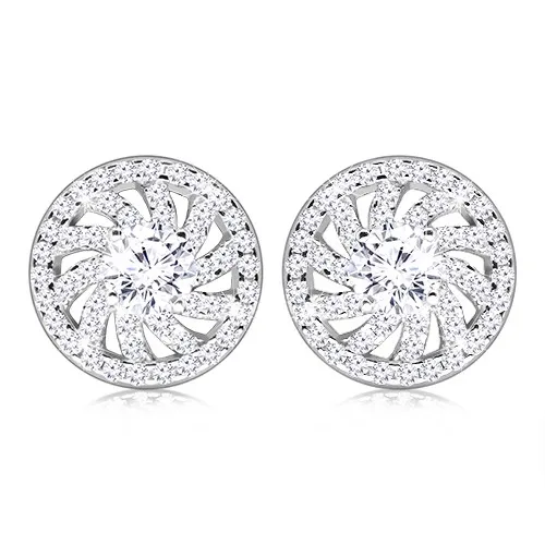 Stříbrné 925 puzetové náušnice - kontura kulatého květu s čirým zirkonem uprostřed