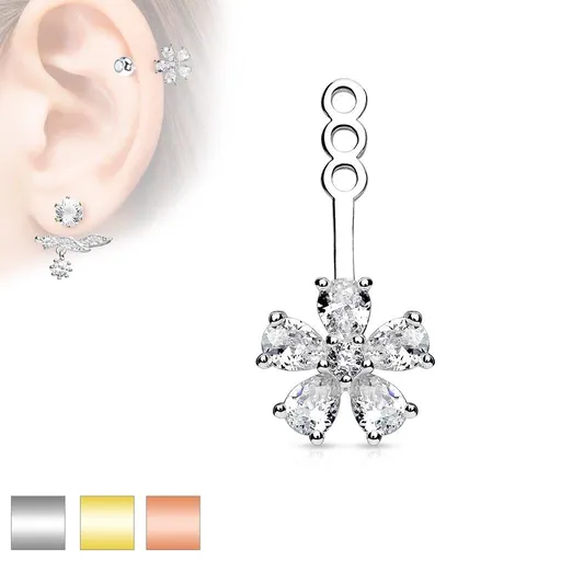 Ozdoba na puzetovou náušnici nebo piercing, čirý zirkonový kvítek - Barva: Stříbrná