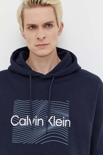 Bavlněná mikina Calvin Klein pánská, tmavomodrá barva, s kapucí, s potiskem