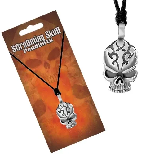 Nastavitelný náhrdelník, černá šňůrka a přívěsek ve tvaru lebky s rýhami na čele