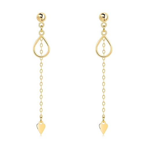 Zlaté náušnice 14K kapka a srdce na řetízku