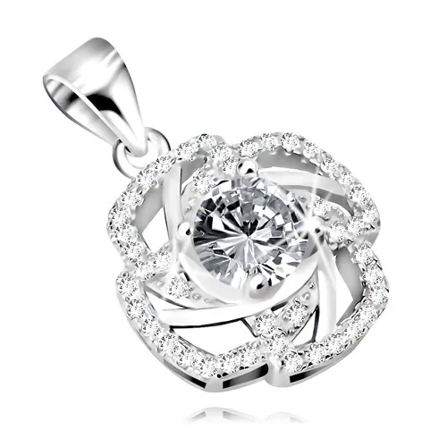 Rhodiovaný přívěsek ze stříbra 925, květ se zirkonem uprostřed, linie zdobené zirkony