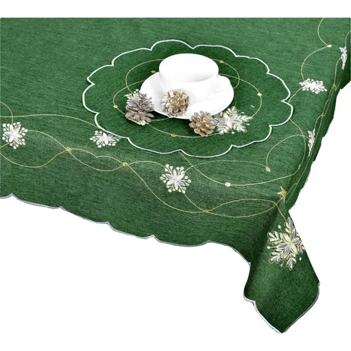 Ubrus Vánoční, Bílo zlaté vločky, zelený 120 x 140cm