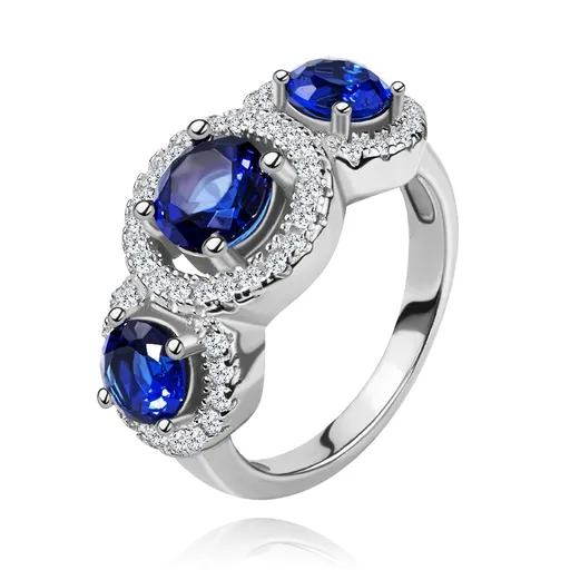 Prsten ze stříbra 925, zirkonové kruhy, tři modré kamínky - Velikost: 59