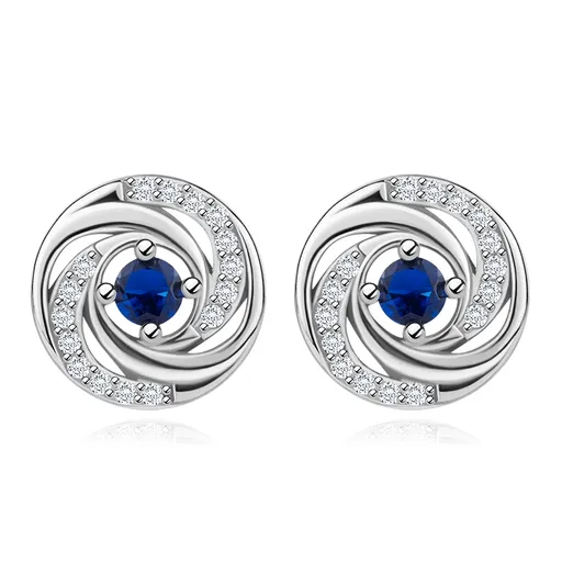 Stříbrné náušnice 925 - kruh s modrým zirkonem, hladká a zirkonová ramena
