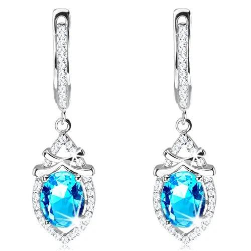 Stříbrné náušnice 925, zirkonová kapka se světle modrým oválem