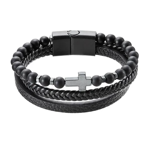 Evolution Group - Pavona Elegantní koženkový náramek s korálky 43044.3 černý 21 cm