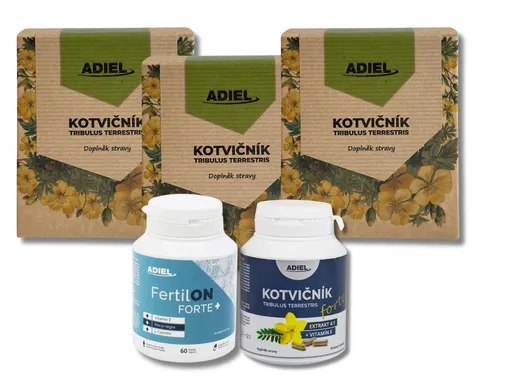 ADIEL vitalita muže –  ADIEL Kotvičník čaj 3x15 sáčků + ADIEL Kotvičník zemní 90 kapslí + Adiel FertilON Forte plus Vitamíny pro muže 60 kapslí
