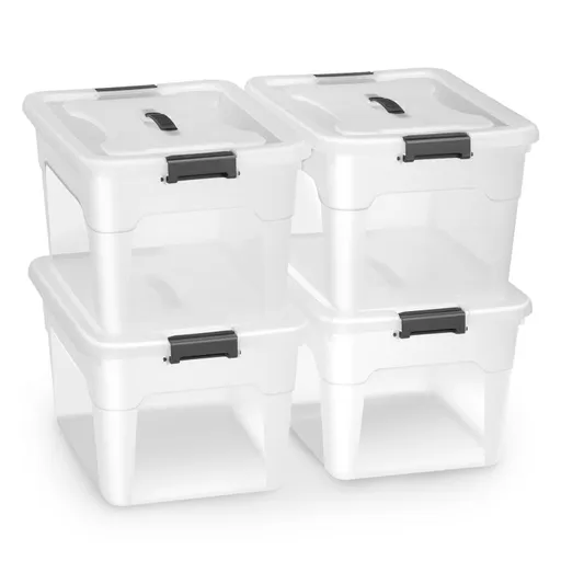 Sada 4 úložných boxů s víkem 30 l, plastové, průsvitné