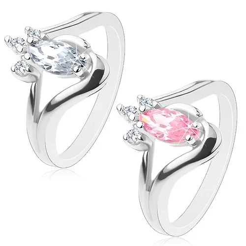 Prsten ve stříbrném odstínu se zahnutými rameny, broušené zrnko, čiré zirkonky - Velikost: 53, Barva: Čirá