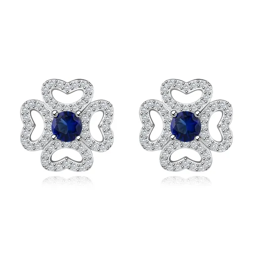 Náušnice ze stříbra 925, čirý blýskavý obrys květu, kulatý modrý zirkon