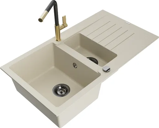 MEXEN/S Matias granitový dřez 1.5 s odkapávačem včetně baterie Flora, béžová 6502-69-670401-57-B