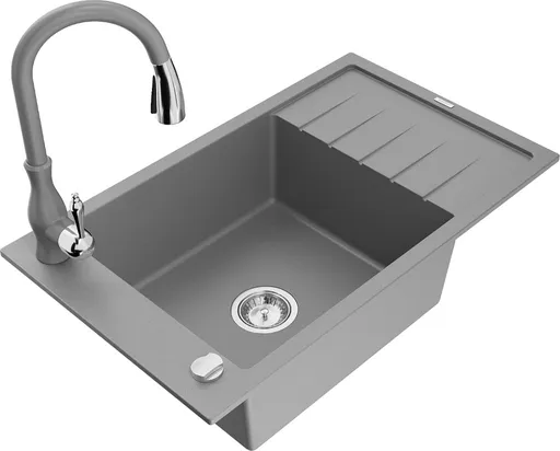 MEXEN/S Elias Elias granitový dřez 1-miska s odkapávačem včetně baterie Savita, šedá 6511-71-672601-71