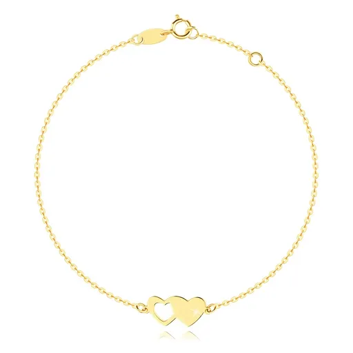 Zlatý náramek 585 - obrys srdce spojený s plným srdcem