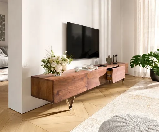 TV stolek Wyatt 220 cm akácie hnědá 4 zásuvky podnož ve tvaru