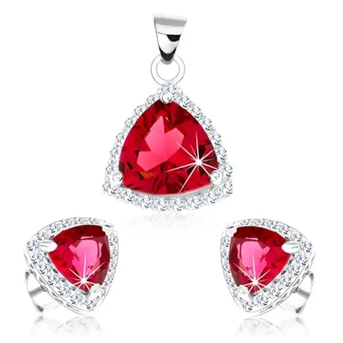 Stříbrný set 925, přívěsek a náušnice, červený zirkonový trojúhelník, čirý okraj