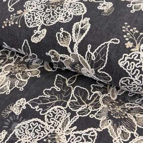 Bavlněná látka JEANS EMBROIDERY Bouquet black