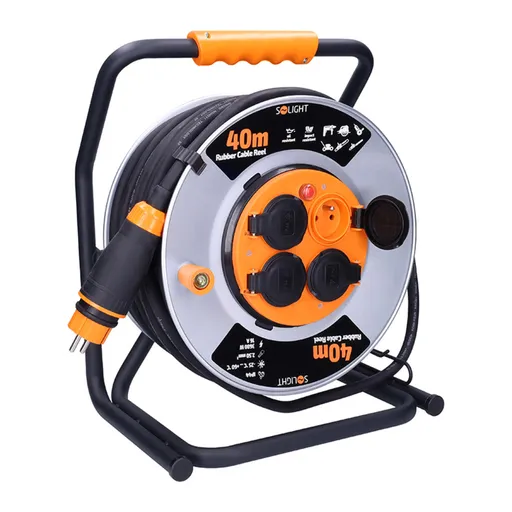 Solight prodlužovací přívod - na kovovém bubnu, 4 zásuvky, 40m kabel guma-neopren, 3x 2,5mm2, IP44 PB43