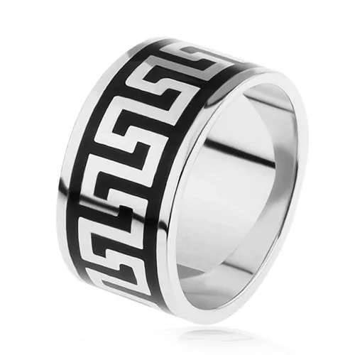 Stříbrný prsten 925 s černým ornamentem řeckého klíče - Velikost: 68