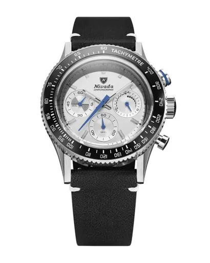 Nivada Grenchen Chronoking Mecaquartz Racing Grey - Inter. Bezel - Black Leather White Stitching