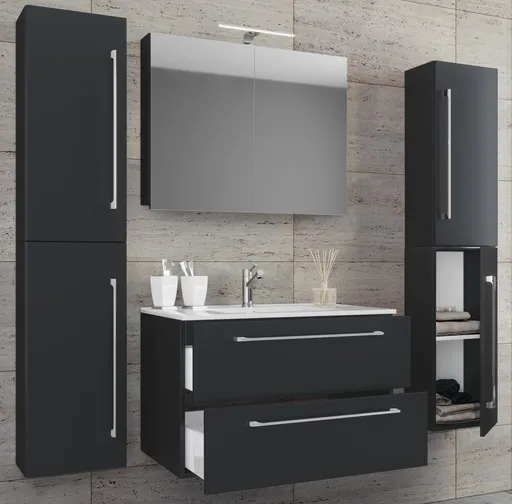 VCM 5dílná umyvadlová skříňka Badinos 2 zásuvky 60 cm se zrcadlem a 2 vysokými skříňkami, černá