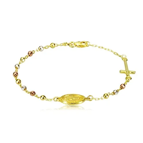 Náramek zlaté barvy ze stříbra 925 - trojbarevné kuličky, medailon a kříž