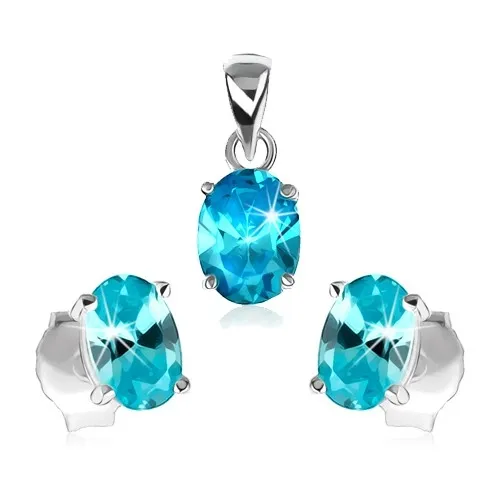 Stříbrná sada 925 - přívěsek a náušnice, světle modrý zirkonový ovál