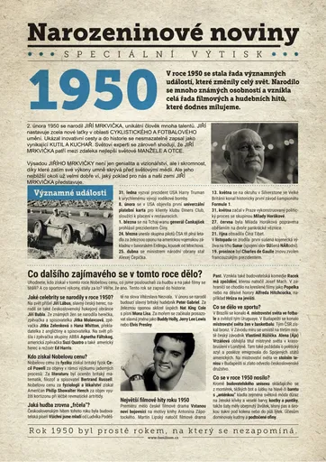 Narozeninové noviny 1950 s vlastním textem a fotografií, S fotografií a textem