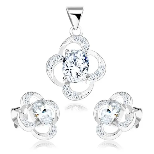 Sada ze stříbra 925, náušnice a přívěsek, obrys květu, čirý zirkon