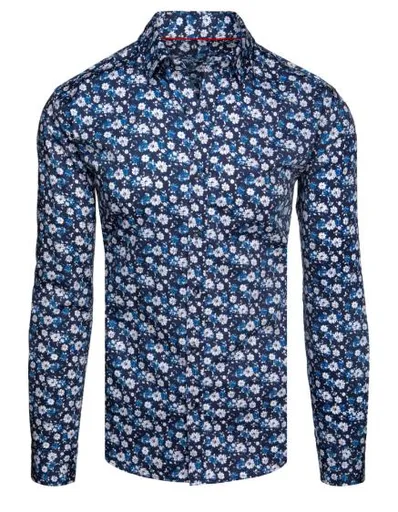 Pánská košile s vzorem s dlouhým rukávem tmavě modrá