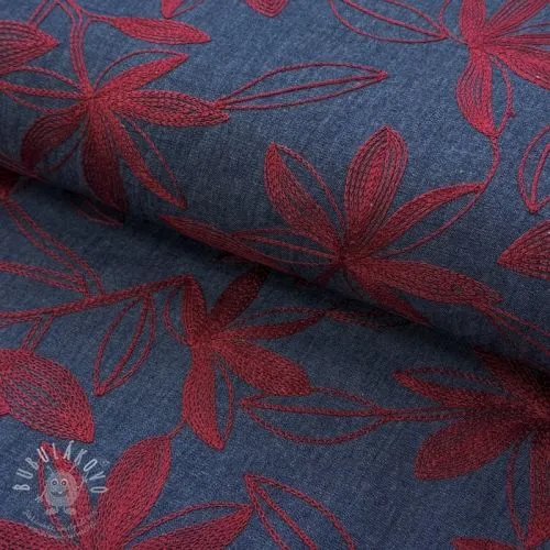 Bavlněná látka JEANS Embroidery Flowers burgundy