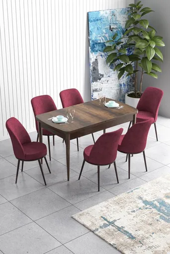 Extendable Dining Table & Chairs Set (7 Pieces) Han - Baroque, Burgundy
