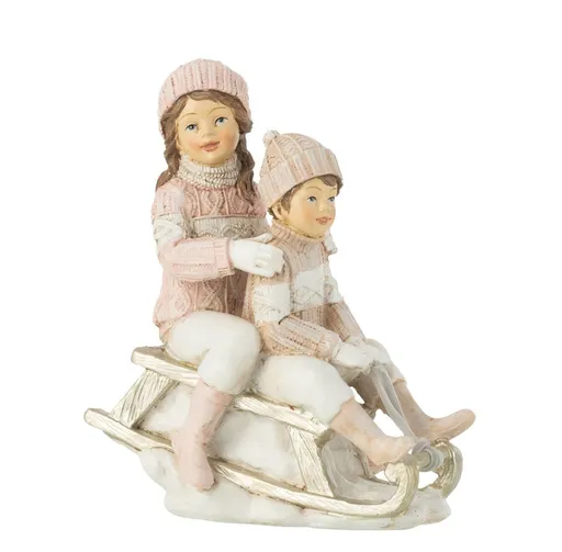 Bílo-růžová dekorace chlapec a dívka na saních - 13*7*16 cm J-Line by Jolipa