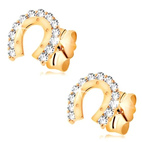 Náušnice ve žlutém 14K zlatě - blýskavá podkůvka s bodláky a čirými zirkony